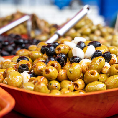 A dish of mixed olives